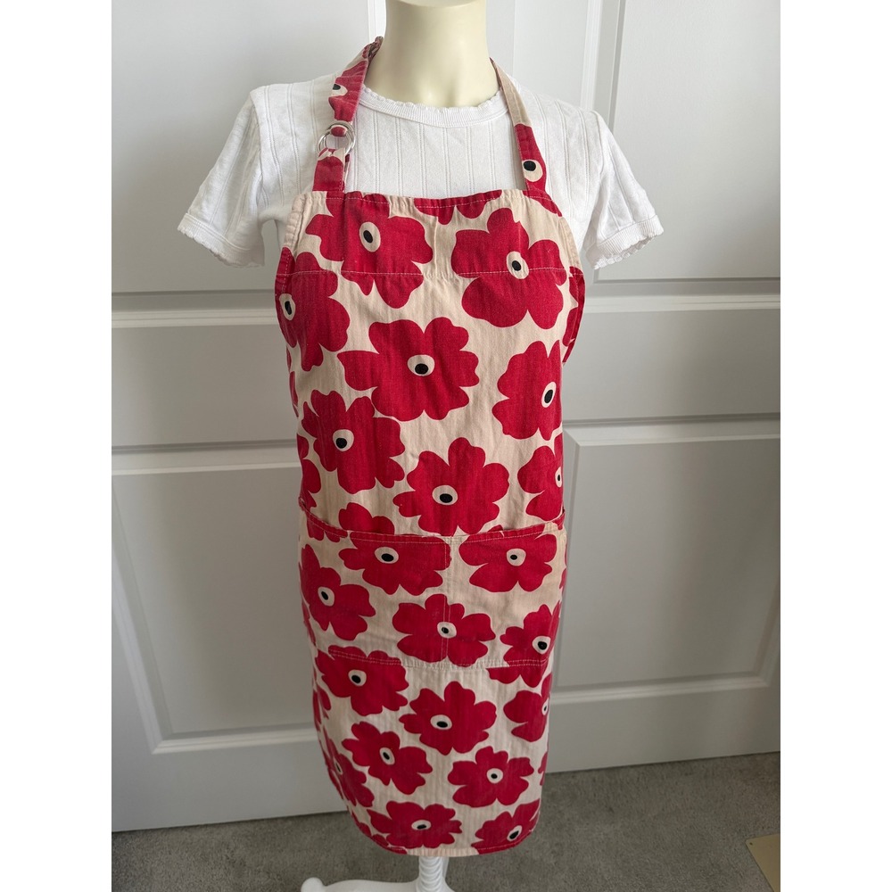 Mükitchen Red Floral Poppy Cotton Apron Adjustable Bib Pockets Scandi Style